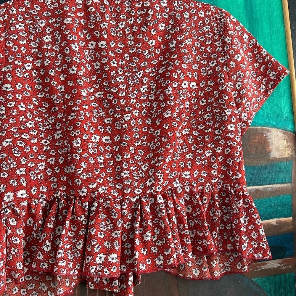 SHEIN Red Floral Tie Front Peplum Blouse Women’s Boho Cottagecore Crop Top - Picture 13 of 15